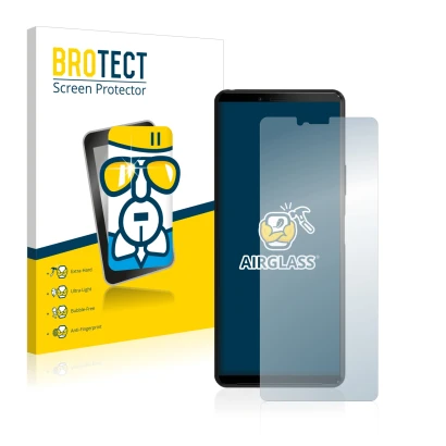 Front side of a product packaging with the brand logo BROTECT. Next to it is the device Sony Xperia 10 II shown with the corre