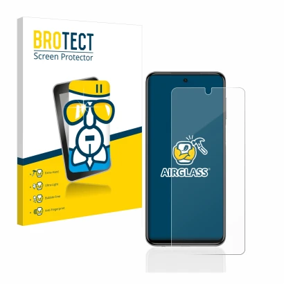 Front side of a product packaging with the brand logo BROTECT. Next to it is the device Xiaomi Redmi Note 9S shown with the co