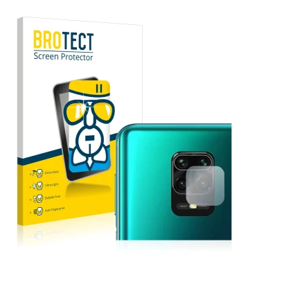 Front side of a product packaging with the brand logo BROTECT. Next to it is the device Xiaomi Redmi Note 9S (ONLY Camera Lens