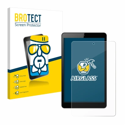 Front side of a product packaging with the brand logo BROTECT. Next to it is the device Huawei MediaPad M5 Lite 8" shown with 