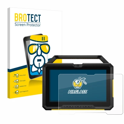 Front side of a product packaging with the brand logo BROTECT. Next to it is the device Dell Latitude 7220 shown with the corr