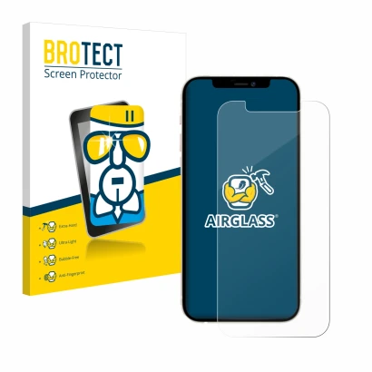 Front side of a product packaging with the brand logo BROTECT. Next to it is the device Apple iPhone 12 Pro shown with the cor