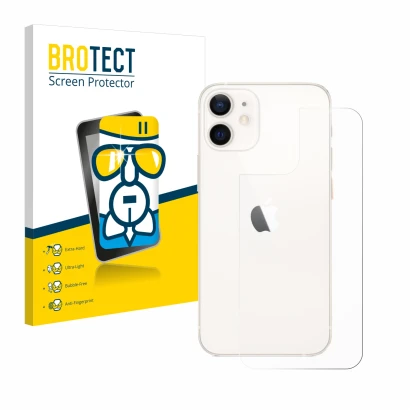 Front side of a product packaging with the brand logo BROTECT. Next to it is the device Apple iPhone 12 mini (Back) shown with