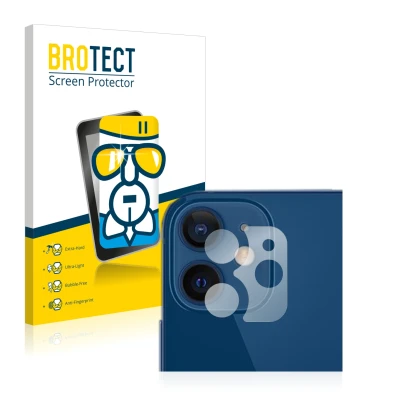 Front side of a product packaging with the brand logo BROTECT. Next to it is the device Apple iPhone 12 (ONLY Camera Lens) sho