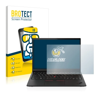 Front side of a product packaging with the brand logo BROTECT. Next to it is the device Lenovo ThinkPad X1 Nano shown with the