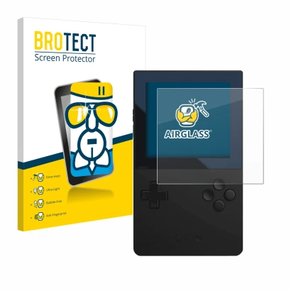 Front side of a product packaging with the brand logo BROTECT. Next to it is the device Analogue Pocket shown with the corresp