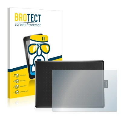 Front side of a product packaging with the brand logo BROTECT. Next to it is the device Wacom One Medium shown with the corres