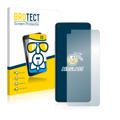 Front side of a product packaging with the brand logo BROTECT. Next to it is the device OnePlus 8T shown with the correspondin