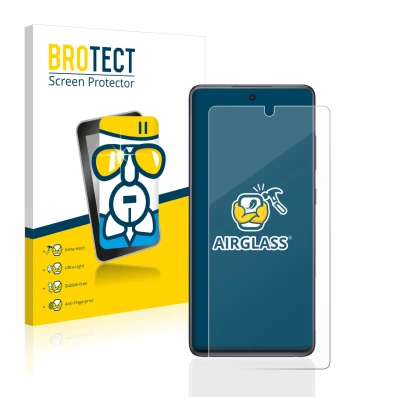 Front side of a product packaging with the brand logo BROTECT. Next to it is the device Samsung Galaxy S20 FE shown with the c