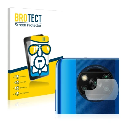 Front side of a product packaging with the brand logo BROTECT. Next to it is the device Xiaomi Poco X3 NFC (ONLY Camera Lens) 