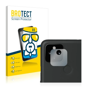 Front side of a product packaging with the brand logo BROTECT. Next to it is the device Google Pixel 4a 5G (ONLY Camera Lens)