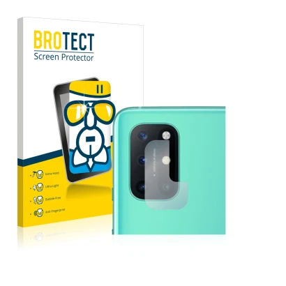 Front side of a product packaging with the brand logo BROTECT. Next to it is the device OnePlus 8T (ONLY Camera Lens) shown wi