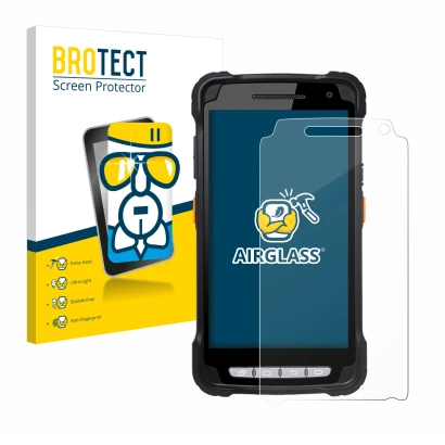 Front side of a product packaging with the brand logo BROTECT. Next to it is the device Point Mobile PM90 shown with the corre