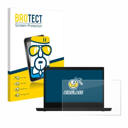 Front side of a product packaging with the brand logo BROTECT. Next to it is the device Lenovo ThinkPad L14 shown with the cor