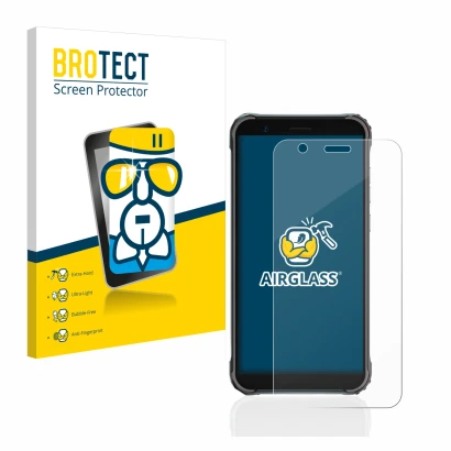 Front side of a product packaging with the brand logo BROTECT. Next to it is the device Blackview BV4900 Pro shown with the co