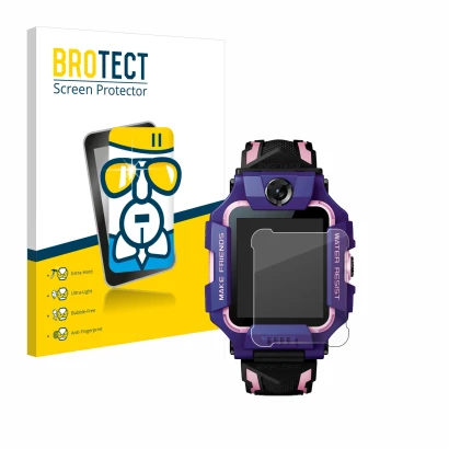 Front side of a product packaging with the brand logo BROTECT. Next to it is the device Imoo Watch Phone Z6 shown with the cor