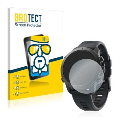 Front side of a product packaging with the brand logo BROTECT. Next to it is the device Wahoo Elemnt Rival shown with the corr