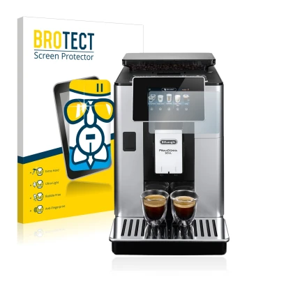 Front side of a product packaging with the brand logo BROTECT. Next to it is the device DeLonghi PrimaDonna Soul ECAM610.55.SB