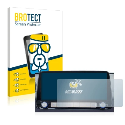 Front side of a product packaging with the brand logo BROTECT. Next to it is the device Hyundai Kona 2020 Infotainment System 