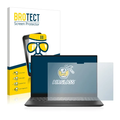 Front side of a product packaging with the brand logo BROTECT. Next to it is the device Dell Inspiron 15 7506 shown with the c