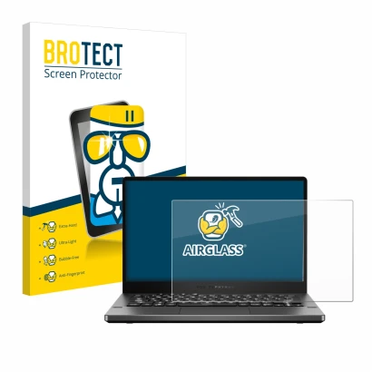 Front side of a product packaging with the brand logo BROTECT. Next to it is the device ASUS ROG Zephyrus G14 GA401 shown with