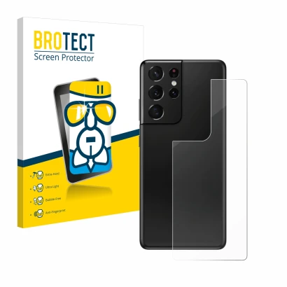 Front side of a product packaging with the brand logo BROTECT. Next to it is the device Samsung Galaxy S21 Ultra 5G (Back) sho