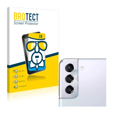Front side of a product packaging with the brand logo BROTECT. Next to it is the device Samsung Galaxy S21 5G (ONLY Camera Len