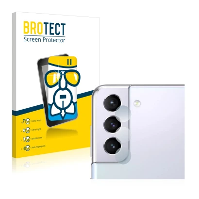 Front side of a product packaging with the brand logo BROTECT. Next to it is the device Samsung Galaxy S21 (ONLY Camera Lens) 