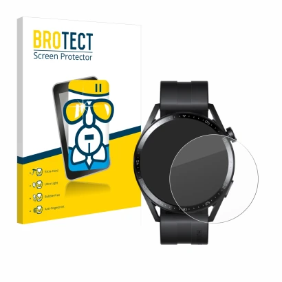 Front side of a product packaging with the brand logo BROTECT. Next to it is the device Huawei Watch GT 3 (46 mm) shown with t