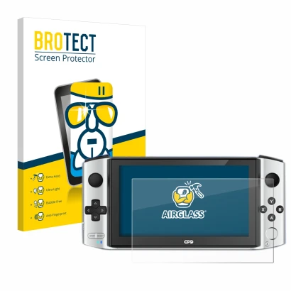 Front side of a product packaging with the brand logo BROTECT. Next to it is the device GPD Win 3 shown with the corresponding
