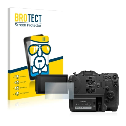 Front side of a product packaging with the brand logo BROTECT. Next to it is the device Canon EOS C70 shown with the correspon