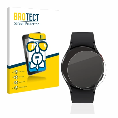 Front side of a product packaging with the brand logo BROTECT. Next to it is the device Samsung Galaxy Watch 4 (40mm) shown wi