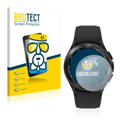 Front side of a product packaging with the brand logo BROTECT. Next to it is the device Samsung Galaxy Watch 4 Classic (42mm) 