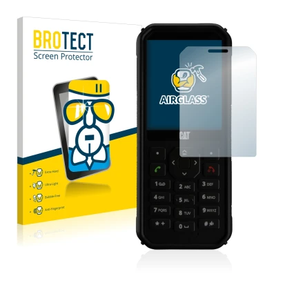 Front side of a product packaging with the brand logo BROTECT. Next to it is the device Caterpillar Cat B40 shown with the cor