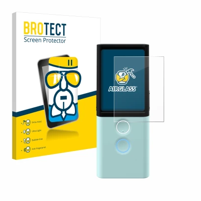 Front side of a product packaging with the brand logo BROTECT. Next to it is the device Vasco Translator M3 shown with the cor