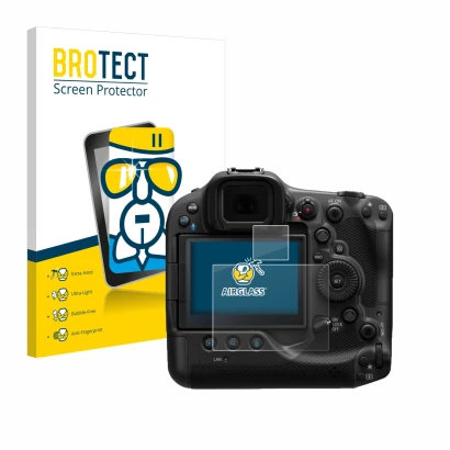 Front side of a product packaging with the brand logo BROTECT. Next to it is the device Canon EOS R3 shown with the correspond