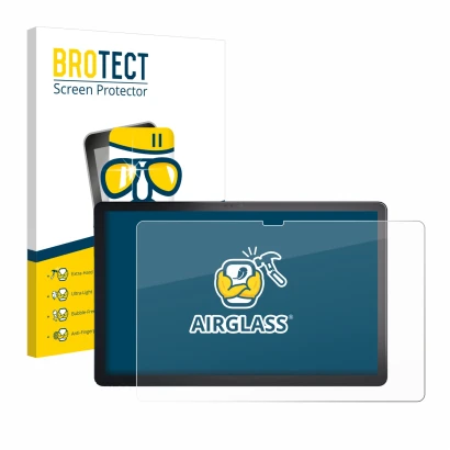 Front side of a product packaging with the brand logo BROTECT. Next to it is the device Lenovo Tab P11 Plus shown with the cor