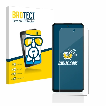 Front side of a product packaging with the brand logo BROTECT. Next to it is the device Motorola Edge 20 Lite shown with the c