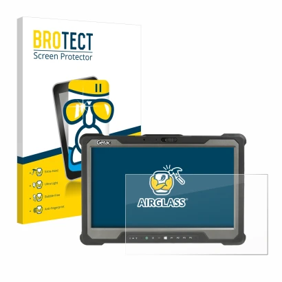 Front side of a product packaging with the brand logo BROTECT. Next to it is the device Getac A140 shown with the correspondin