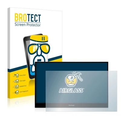 Front side of a product packaging with the brand logo BROTECT. Next to it is the device ViewSonic TD1655 shown with the corres