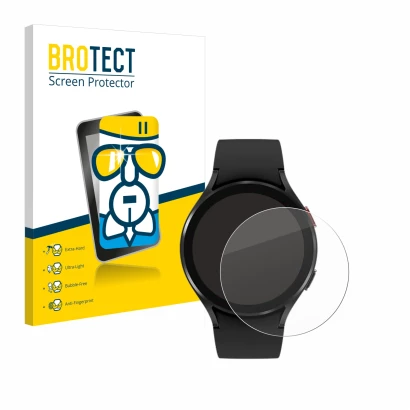 Front side of a product packaging with the brand logo BROTECT. Next to it is the device Samsung Galaxy Watch 4 (44mm) shown wi