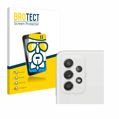 Front side of a product packaging with the brand logo BROTECT. Next to it is the device Samsung Galaxy A52s 5G (ONLY Camera Le