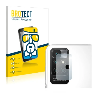 Front side of a product packaging with the brand logo BROTECT. Next to it is the device Xiaomi Redmi 10 (ONLY Camera Lens) sho