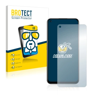 Front side of a product packaging with the brand logo BROTECT. Next to it is the device realme 8i shown with the corresponding
