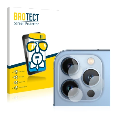 Front side of a product packaging with the brand logo BROTECT. Next to it is the device Apple iPhone 13 Pro Max (ONLY Camera L