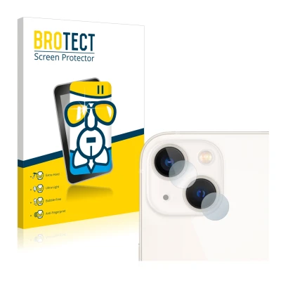 Front side of a product packaging with the brand logo BROTECT. Next to it is the device Apple iPhone 13 (ONLY Camera Lens) sho