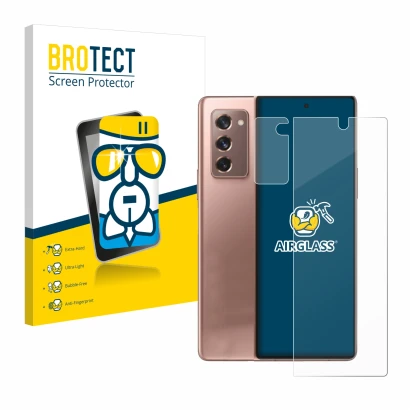 Front side of a product packaging with the brand logo BROTECT. Next to it is the device Samsung Galaxy Z Fold 2 5G (Front+Came
