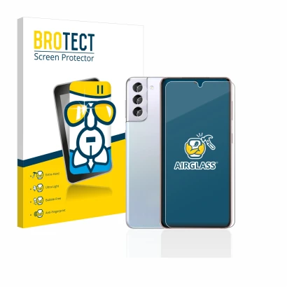 Front side of a product packaging with the brand logo BROTECT. Next to it is the device Samsung Galaxy S21 5G (Front+Camera) s