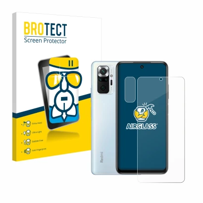 Front side of a product packaging with the brand logo BROTECT. Next to it is the device Xiaomi Redmi Note 10 Pro (Front+Camera