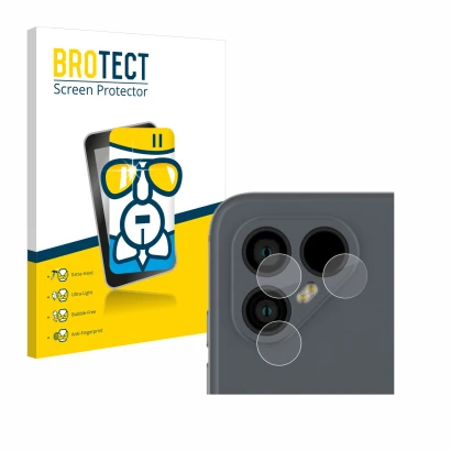 Front side of a product packaging with the brand logo BROTECT. Next to it is the device Fairphone 4 (ONLY Camera Lens) shown w